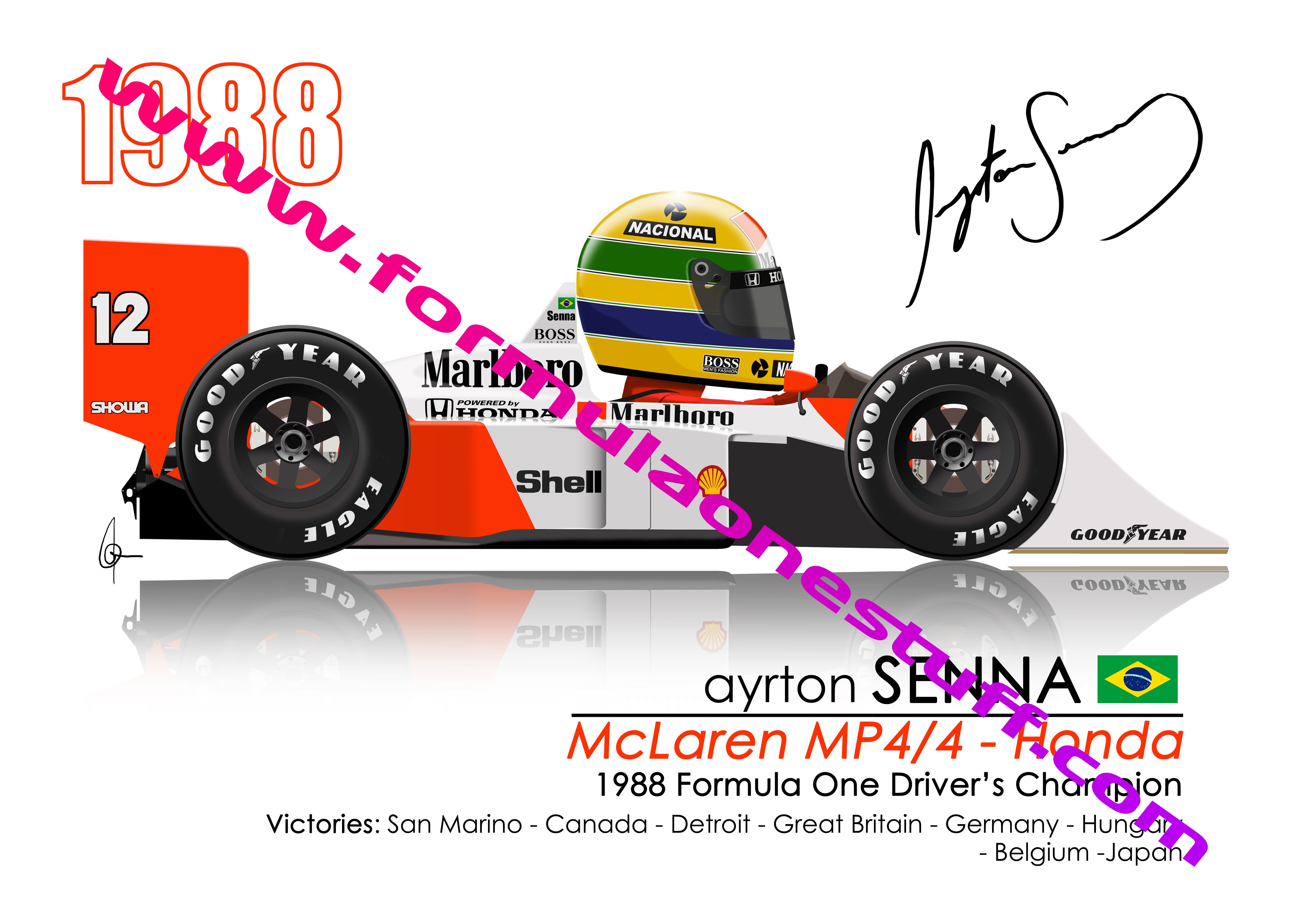 Signed TOONZ McLaren Ayrton Senna 1988 F1 driver cartoon poster – limited edition A3 satin print